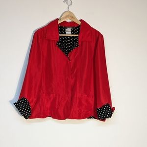 City Girl Red 100% Silk Shell Blazer Jacket w/ polka dot Sleeve Cuffs, Large